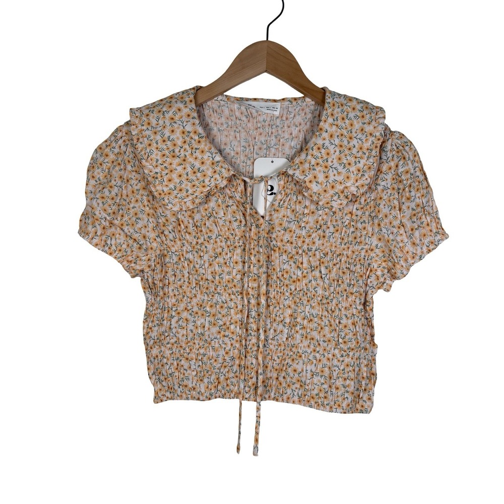 ELODIE Floral Crop Top Size L Yellow Smocked Collar Boho‎ Peasant Feminine NWT